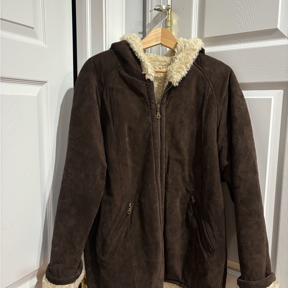 Suede Hooded Jacket with Sherpa Lining